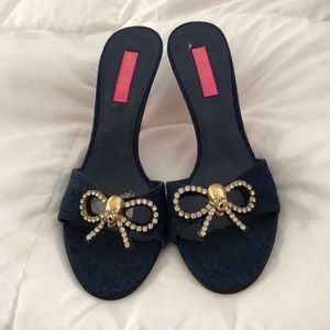 Betsy Johnson slip on sandal, denim, gold heel.